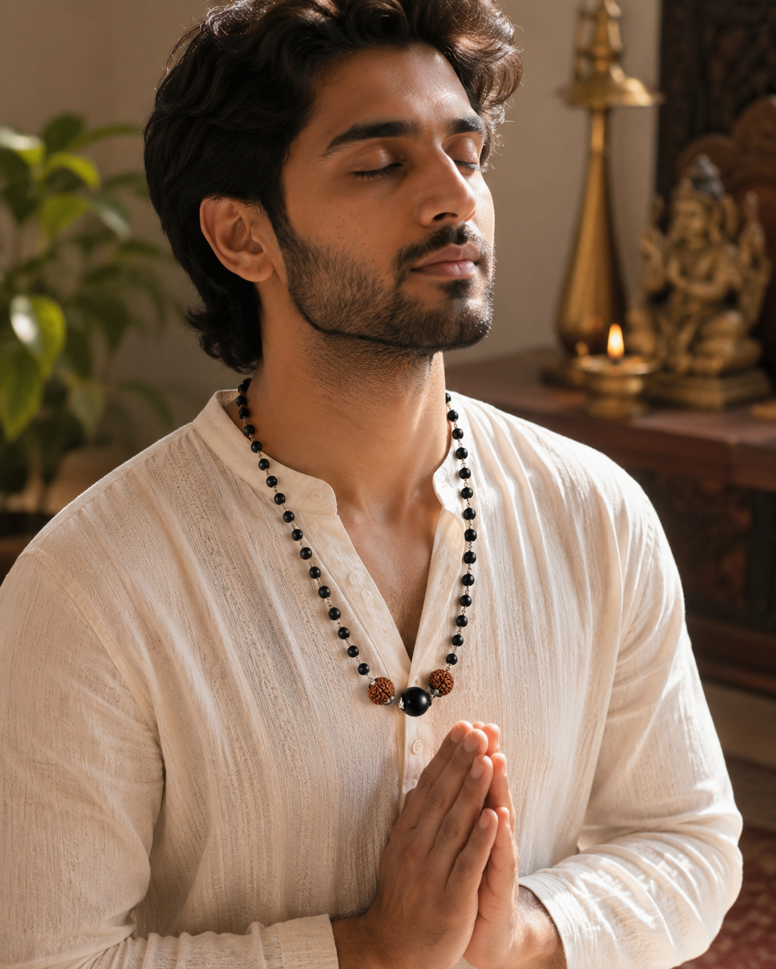 Silver Capped Karungali Mala with 5 Mukhi Rudraksha