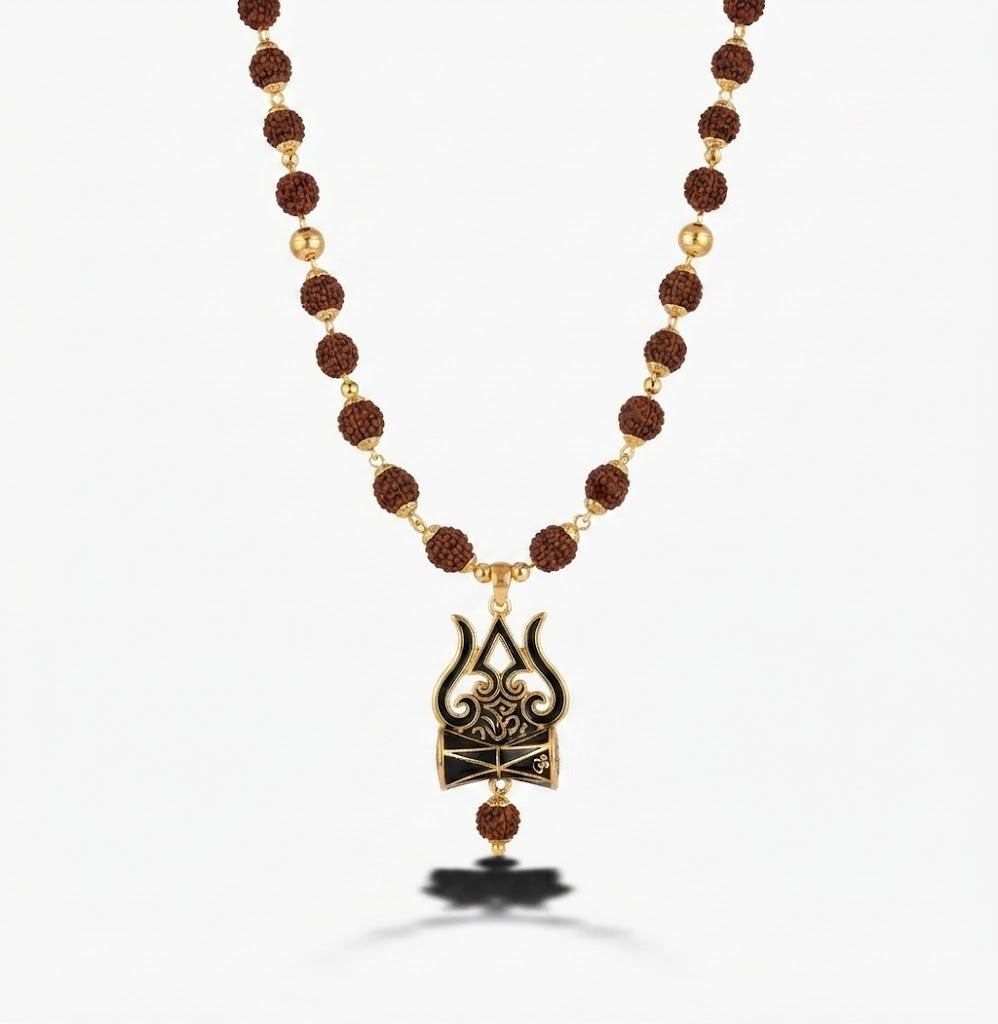 Golden Rudraksha Mala with Shiva Trishul Pendant