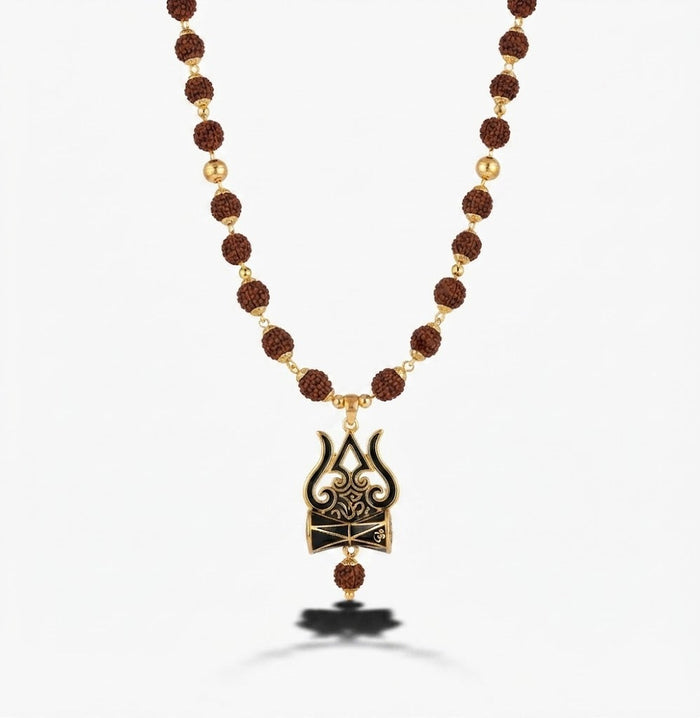 Golden Rudraksha Mala with Shiva Trishul Pendant