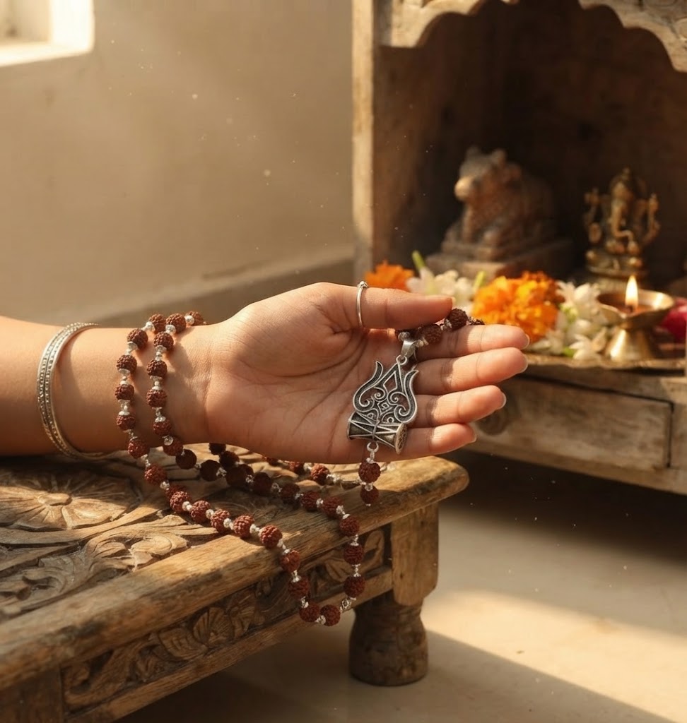 Silver Rudraksha Mala with Shiva Trisul Pendant