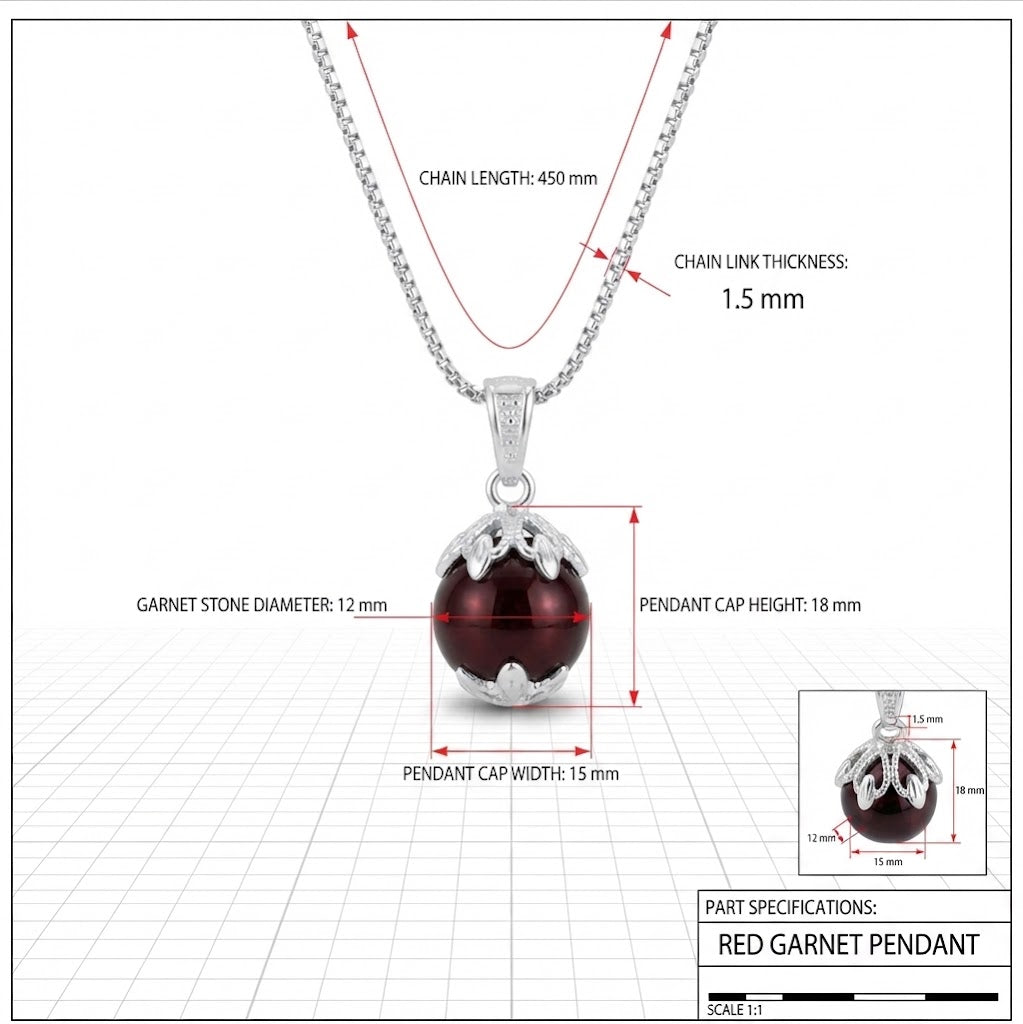 Red Garnet Pendant with Silver Chain