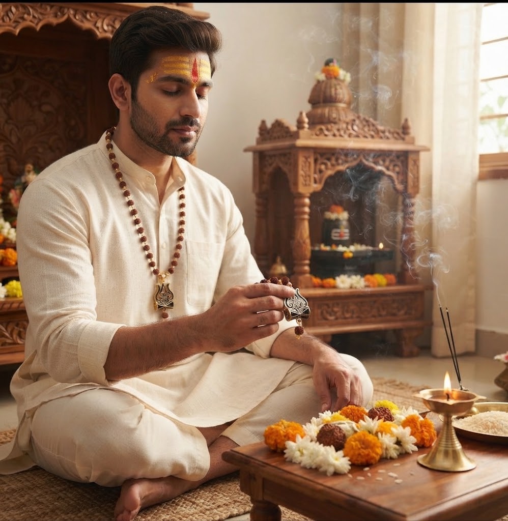 Golden Rudraksha Mala with Shiva Trishul Pendant