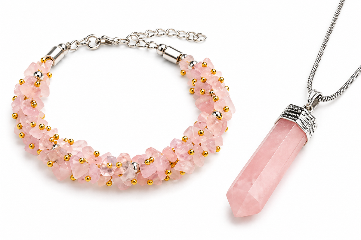 Rose Quartz Chips Bracelet with FREE Rose Quartz Pencil Pendant